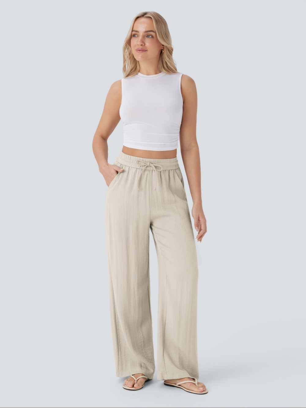 HALARA High Waisted Drawstring Pocket Wide Leg Baggy Casual Linen-Feel Pants - Picture 5 of 5